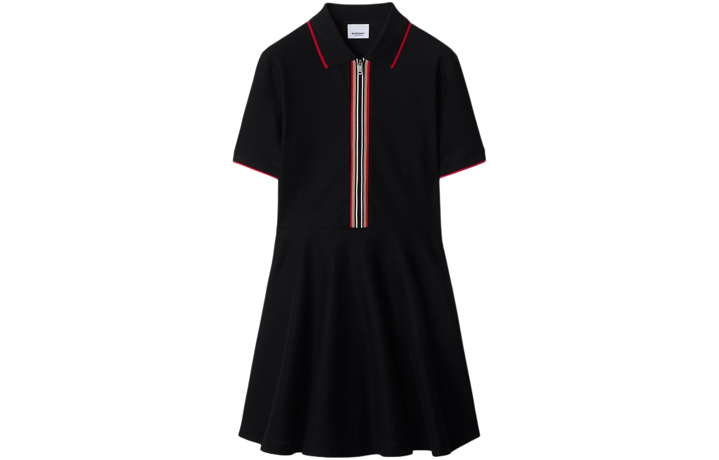 Burberry Burberry Striped Trim Zipper Casual Short Sleeve Dress Women's Black