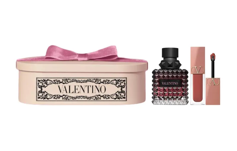 Valentino Valentino, velvet lip cream, gift box, perfume, set with jasmine, 50 ml, 6.5 ml, 30 ml, 6.5 ml