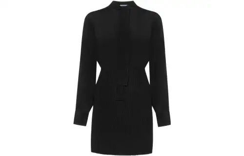 PRADA Long Sleeved Dresses Women's Black Ribbon Collar Moderate Mid Length