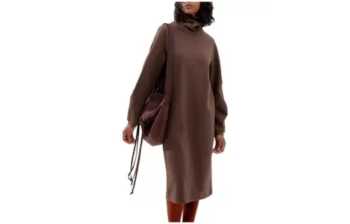UNIQLO FW23 U Long Sleeved Dresses Women's Light Umber Lapel Moderate Mid Length