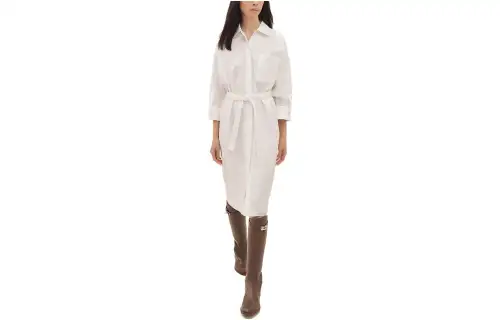 HERMES Long Sleeved Dresses Women's White Square Collar Moderate Mid Length