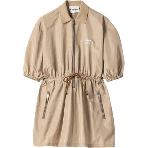 MIU MIU Short Sleeved Dress Women's Beige Gray