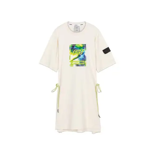 Skechers Stroll Short Sleeved Dresses Women's Ecru Crew Neck Thin Mid Length