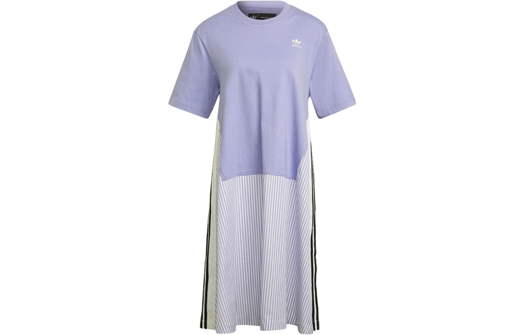 Adidas, long purple short sleeve dress with a round collar for leisure, loose fit, mid-length, mid rise