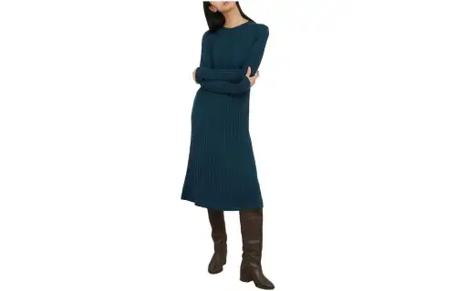 UNIQLO Long Sleeved Dresses Women's Turquoise Crew Neck Moderate Mid Length