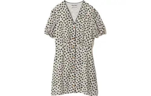 MIU MIU Short Sleeved Dresses Women's Beige V Neck Moderate Short
