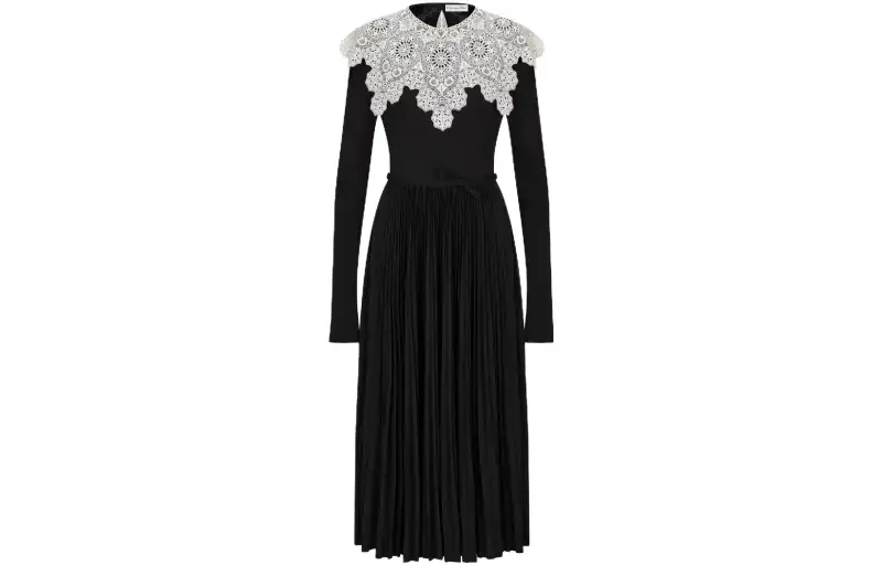 DIOR Mid Length Pleated Dress Long Sleeved Dress Women's Black