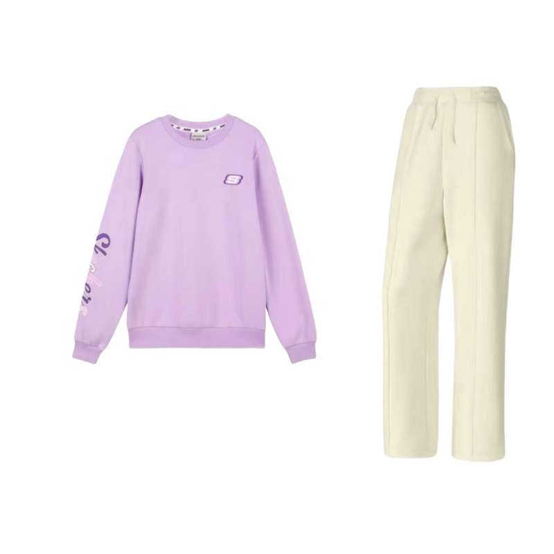 Skechers Colorful Fleece Lined Thermal Crew Neck Sports Long Sleeved Mid Rise Lace Up Pants Casual Suit Women's
