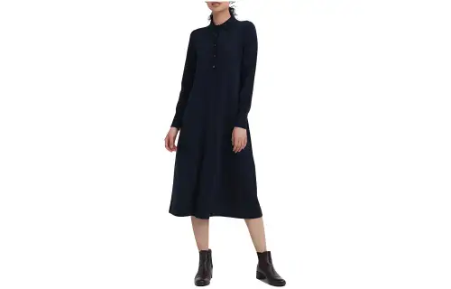 UNIQLO Long Sleeved Dresses Women's Navy Blue Polo Collar Moderate Mid Length