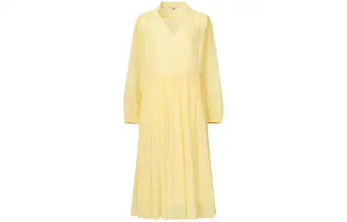 UNIQLO X Clare Waight Keller Long Sleeved Dresses Women's Apricot Yellow V Neck Moderate Mid Length