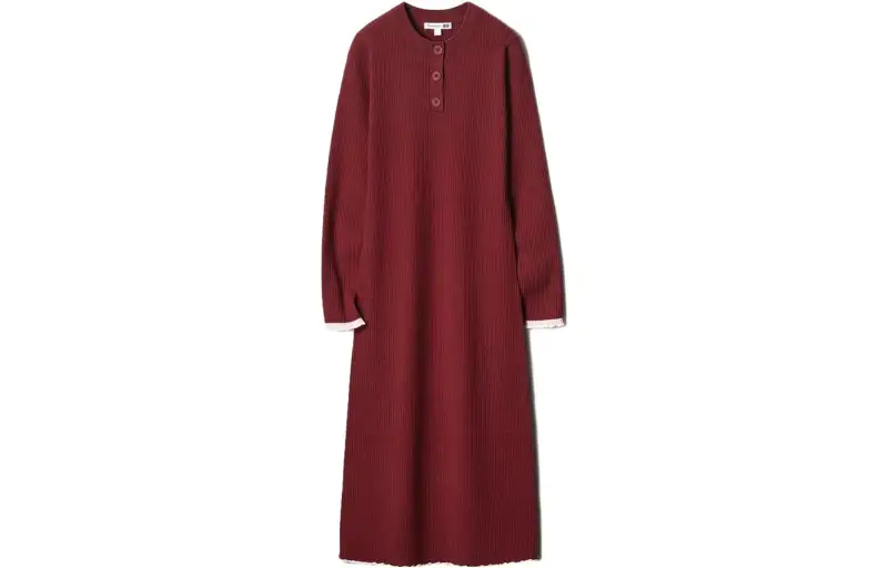 UNIQLO X JW Anderson Uniqlo Jw Anderson Co Branded Series Long Sleeved Dresses Women's Maroon Crew Neck Moderate Long