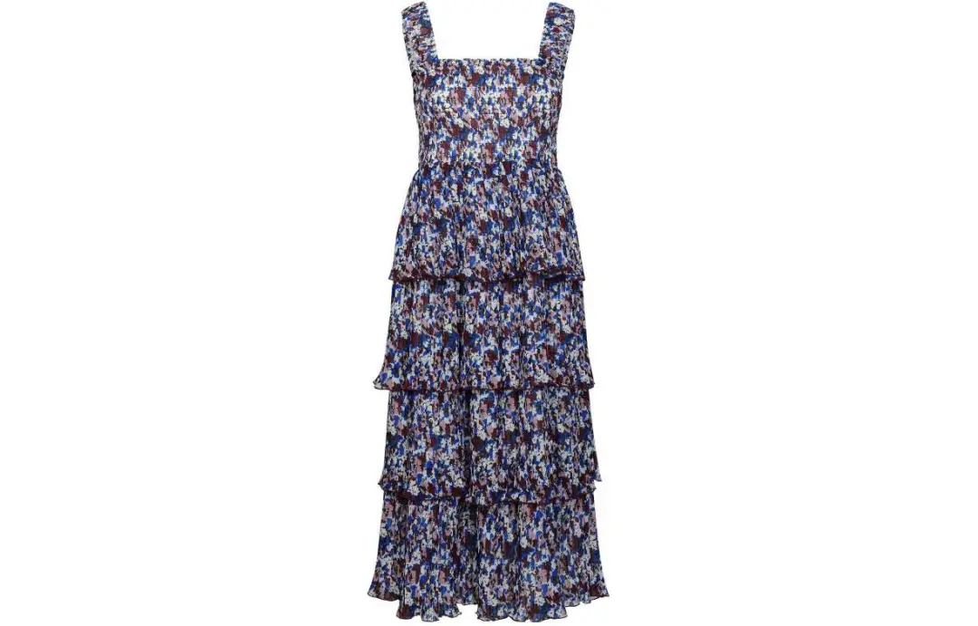 GANNI Pleated Georgette Flounce Smock Midi Dress