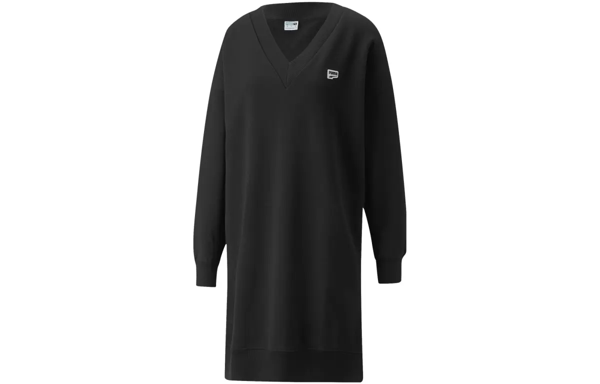 PUMA Long-Sleeved Dresses Women's Black V-neck Moderate Mid-Length Bodycon Skirt
