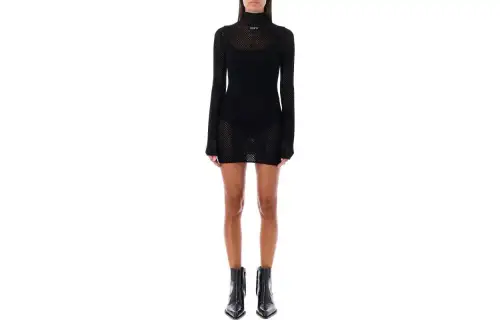OFF WHITE Intarsia Logo Mesh Knitted Dress Black