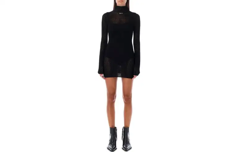 OFF WHITE Intarsia Logo Mesh Knitted Dress Black