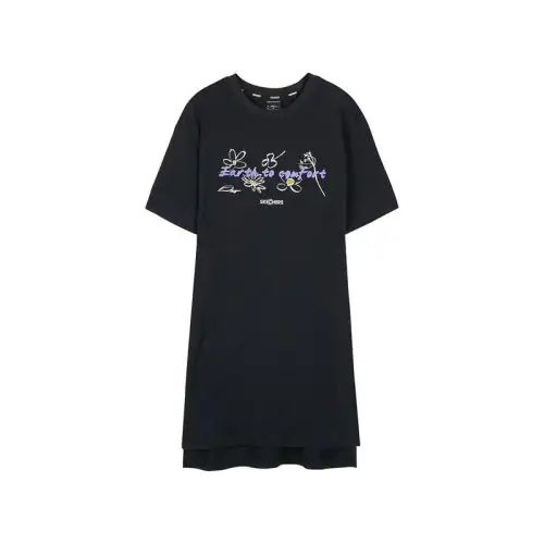 Skechers Environmental Protection Short Sleeved Dresses Women's Mixed Black Crew Neck Moderate Mid Length