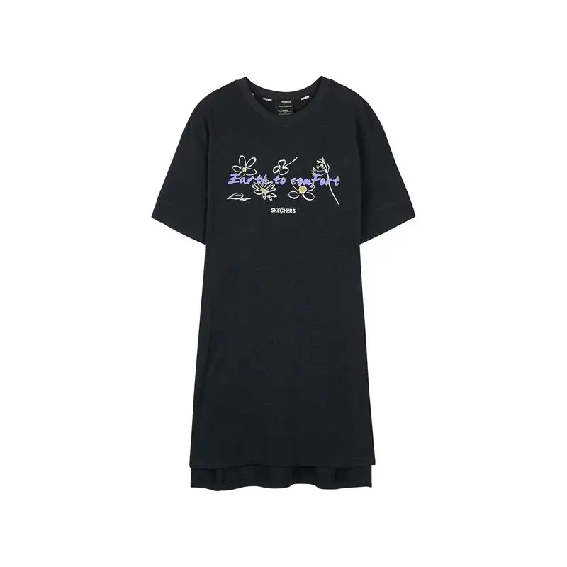 Skechers Environmental Protection Short Sleeved Dresses Women's Mixed Black Crew Neck Moderate Mid Length