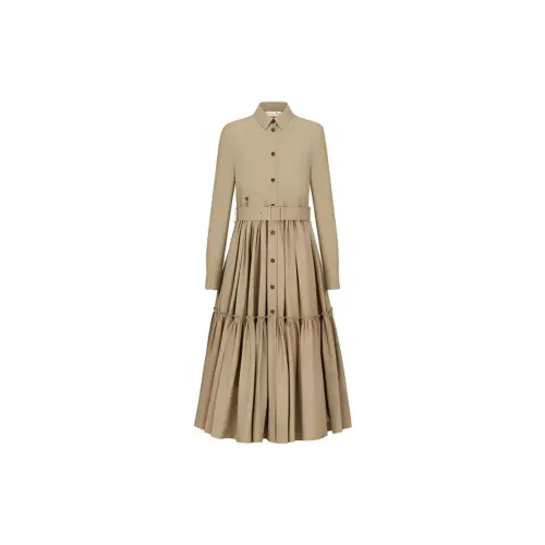 DIOR Long Sleeved Dresses Women's Khaki Pointed Collar Moderate Mid Length