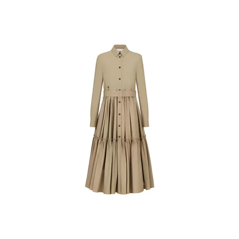 DIOR Long Sleeved Dresses Women's Khaki Pointed Collar Moderate Mid Length