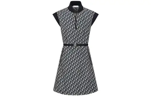 DIOR Belted Dress Technical Taffeta Jacquard With Sleeveless Dress Women's Marine Blue