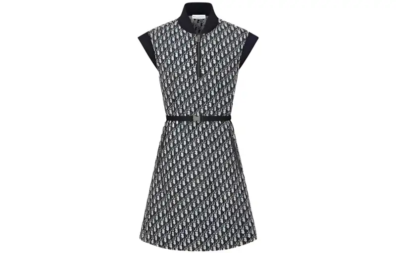 DIOR Belted Dress Technical Taffeta Jacquard With Sleeveless Dress Women's Marine Blue