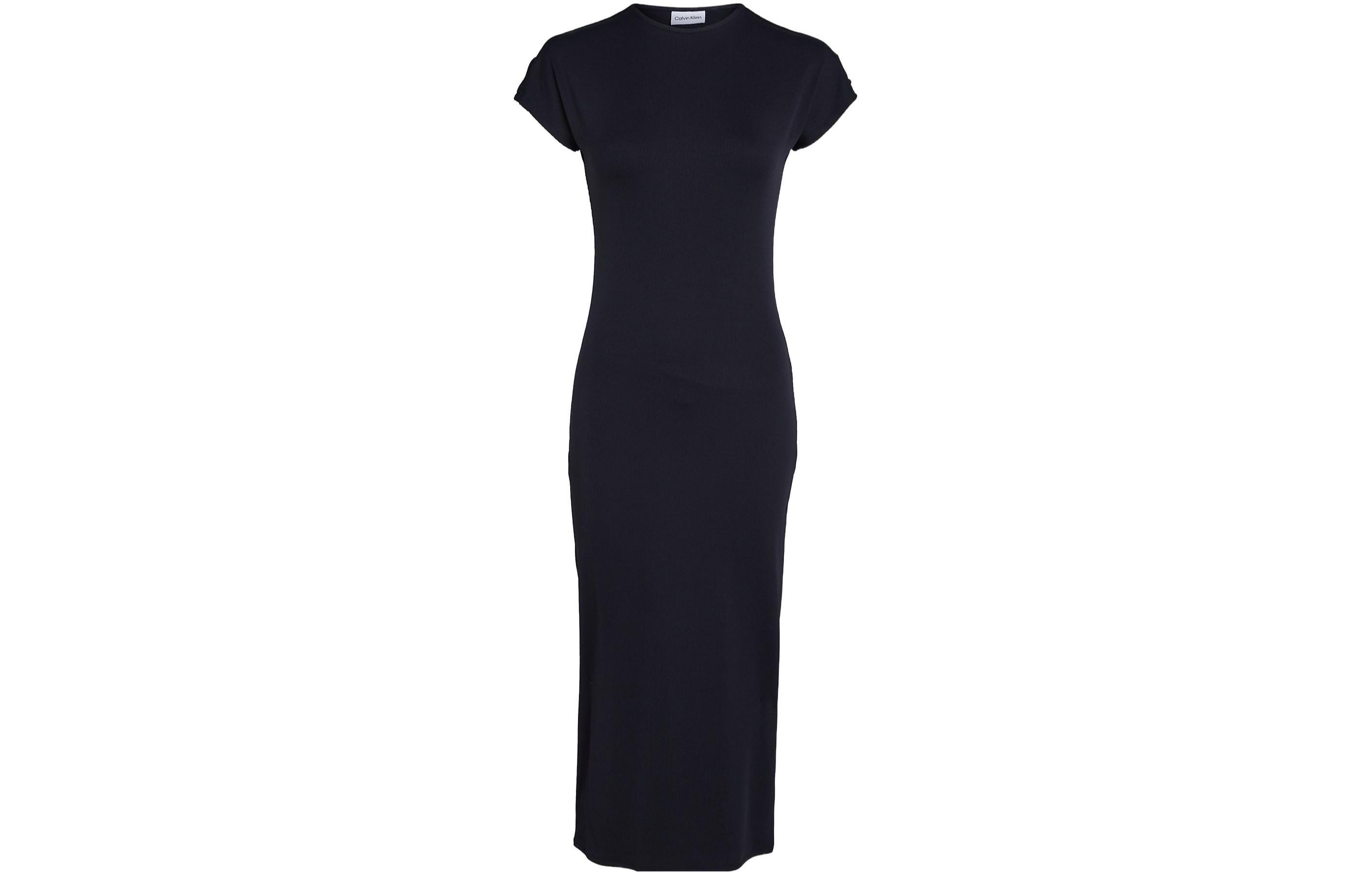 CALVIN KLEIN Robe Longueur Midi Slim Côtelée Short Sleeved Dress Women's Black