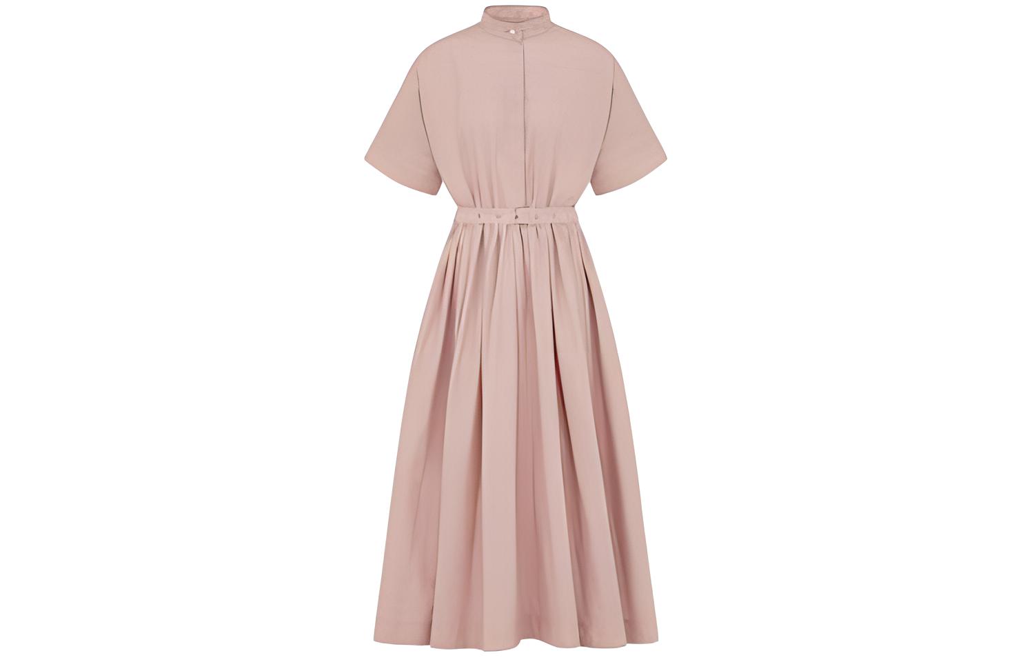 DIOR Dior FW23 Mid-Length Belted Macrocannage Dress Solid color mid-length with waist collar collar button short-sleeved dress Women's pink
