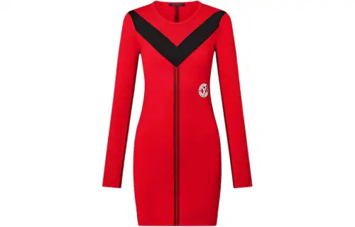 LOUIS VUITTON Sporty Mesh Accent Dress Long Sleeved Dress Women's Red