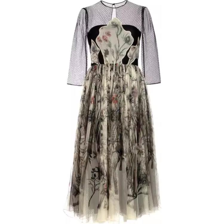 Christian DIOR Floral Patterned Mesh Detailed Dress