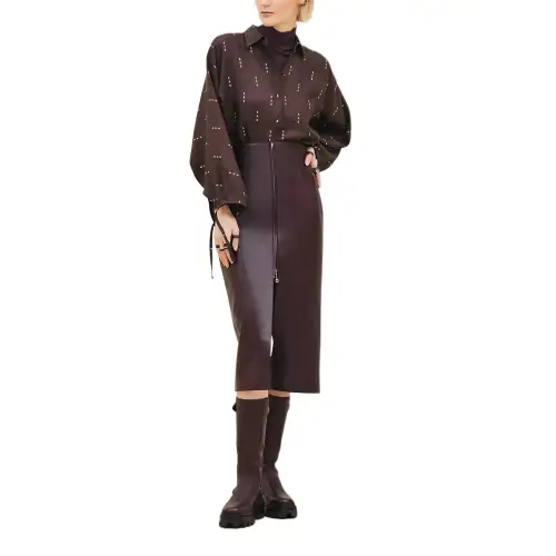 HERMES Leather Long Skirt Women's Saddle Red