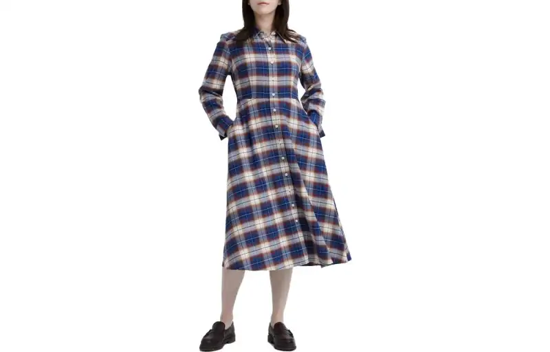 UNIQLO Long Sleeved Dresses Women's Royal Blue Pointed Collar Moderate Mid Length