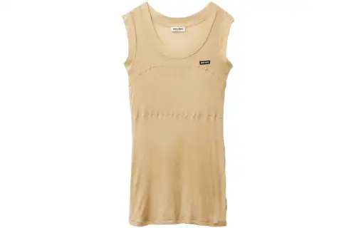 MIU MIU Sleeveless Dresses Women's Khaki Crew Neck Moderate Short