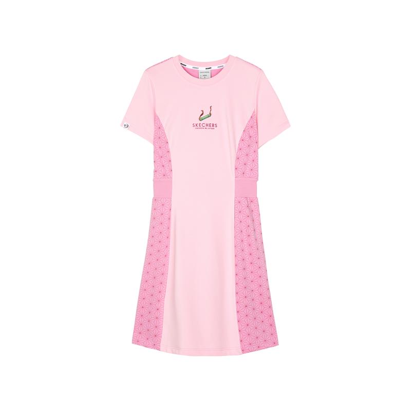Skechers Demon Slayer Kimetsu No Yaiba Collaboration Collection Short Sleeved Dresses Women's Orchid Powder Crew Neck Moderate Mid Length