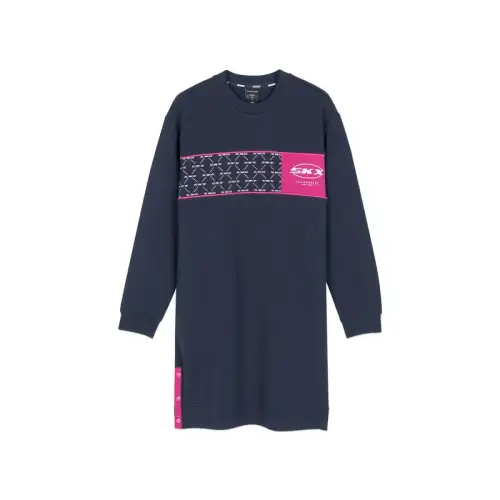 Skechers Long Sleeved Dresses Women's Navy Blue Crew Neck Moderate Mid Length