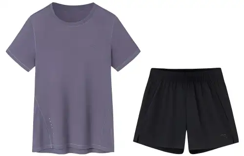 Complex breathable T-shirt for training, split shorts, purple black set for leisure, elastic waist, loose straight fit