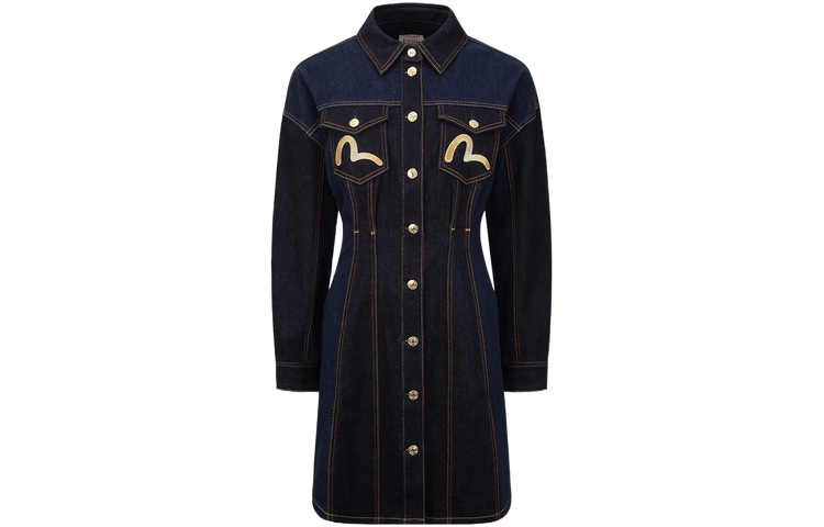 EVISU Long Sleeved Dresses Women's Denim Blue Polo Collar Moderate Short