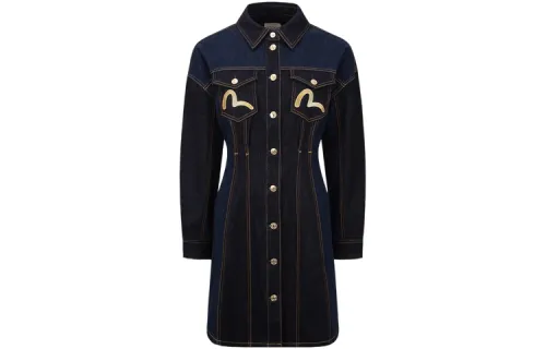 EVISU Long Sleeved Dresses Women's Denim Blue Polo Collar Moderate Short