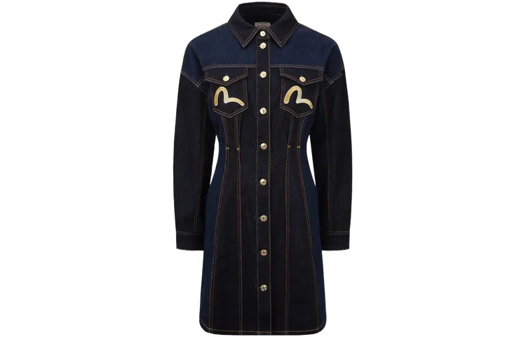 EVISU Long Sleeved Dresses Women's Denim Blue Polo Collar Moderate Short