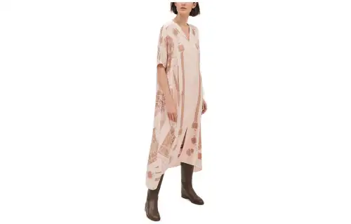 HERMES Short Sleeved Dresses Women's Light Pink V Neck Moderate Long