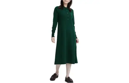 UNIQLO Long Sleeved Dresses Women's Dark Olive Polo Collar Moderate Mid Length