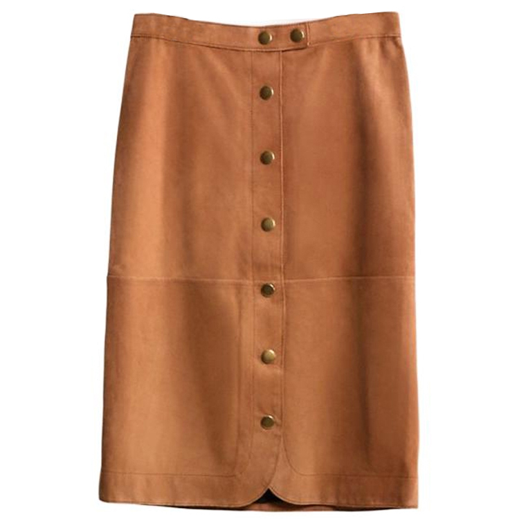 COACH Coach Solid Buttoned Mid-Length Leather Skirt Women's Canyon Color