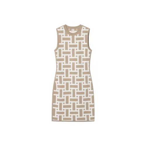 HERMES Knitted beige dress with sleeves with a round collar sleevless, print