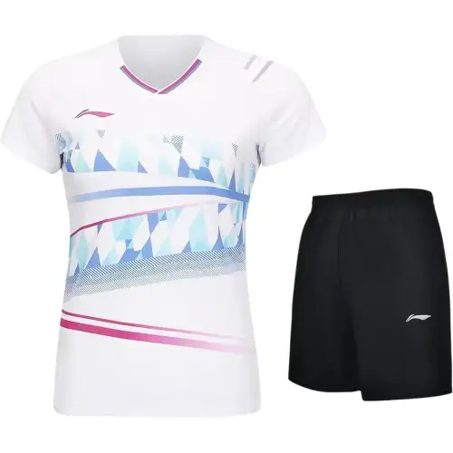 Li Ning Casual Suits Women's Set White Short Sleeved T Shirt+Black Shorts V Neck Moderate