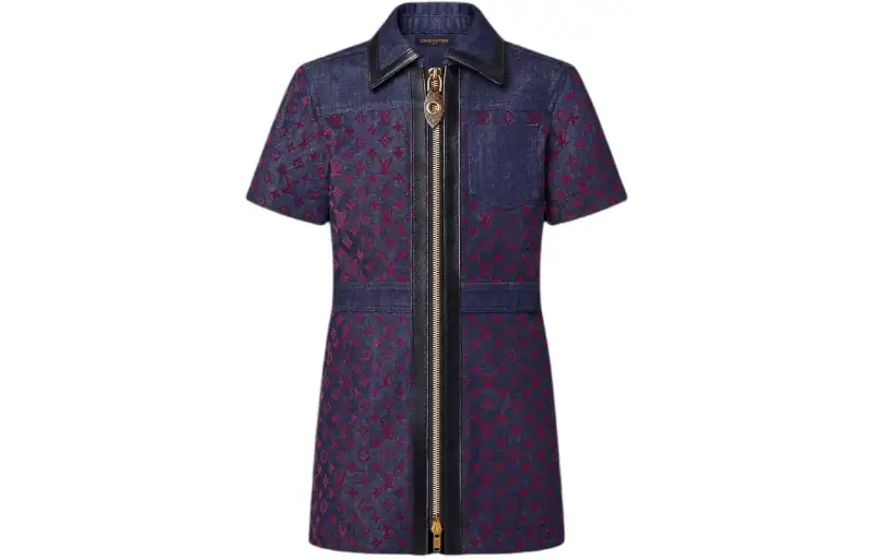 LOUIS VUITTON Flocked Monogram Denim Zip-Up Dress