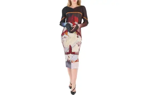 Burberry Long Sleeved Dresses Women's Multicolor V Neck Moderate Mid Length
