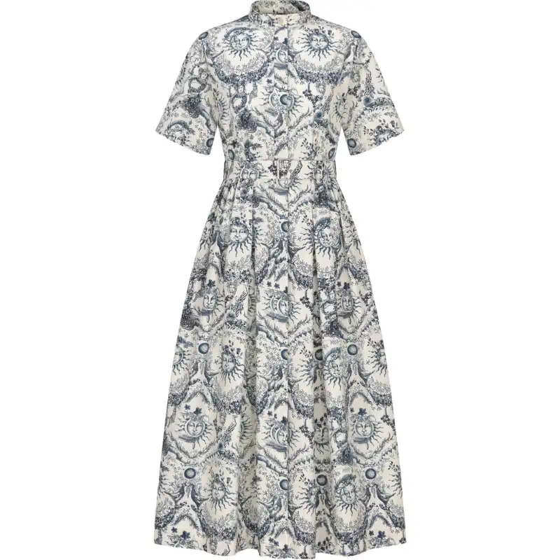 DIOR Mid Length Shirt Dress Short Sleeved Dress Women's Marine Blue