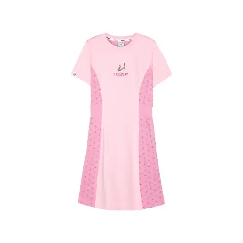 Skechers Demon Slayer Kimetsu No Yaiba Collaboration Collection Short Sleeved Dresses Women's Orchid Powder Crew Neck Moderate Mid Length