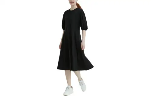 UNIQLO Short Sleeved Dresses Women's Black Crew Neck Moderate Mid Length