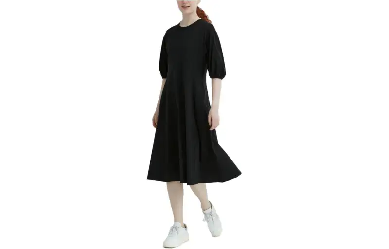 UNIQLO Short Sleeved Dresses Women's Black Crew Neck Moderate Mid Length