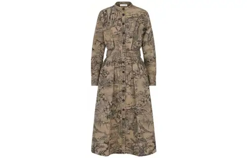 DIOR Long Sleeved Dresses Women's Beige Shirt Collar Mid Length
